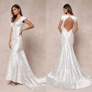 Lulus Loveliest Dream White Satin Jacquard Backless Mermaid Maxi Dress Bridal